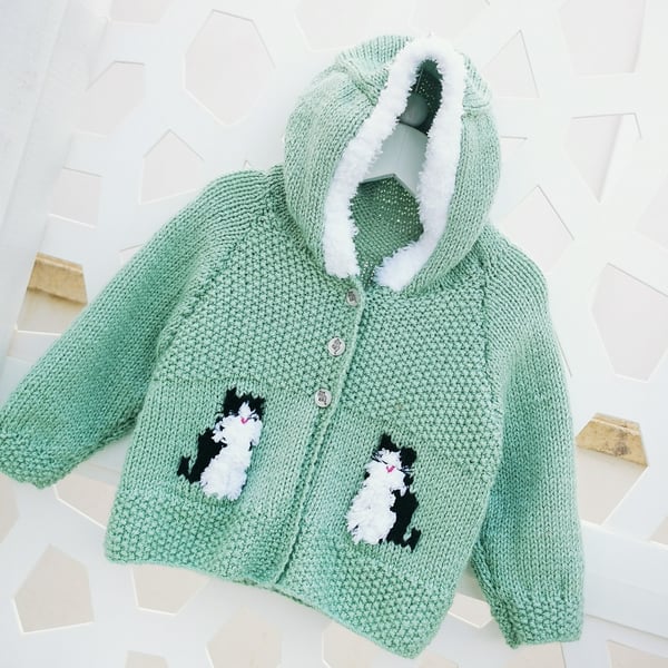 Knitting Pattern for Child's Cat Hoodie Birth to 8 years, Front Fastening PDF