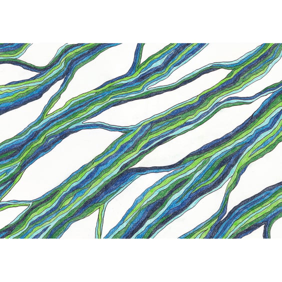 Original Abstract Coloured Pencil Drawing Green Blue - Ribbons No.5