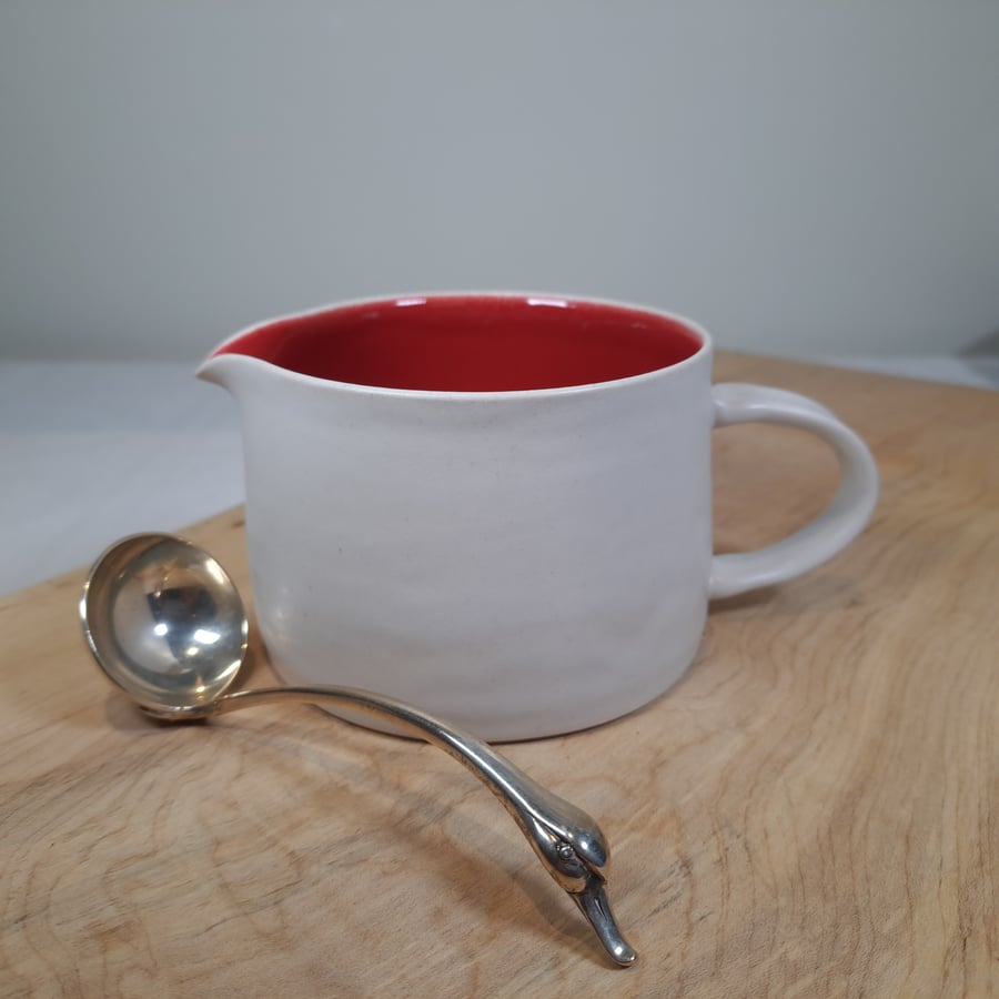 LOW WIDE CERAMIC GRAVY, SAUCE JUG - with  red and white glazes