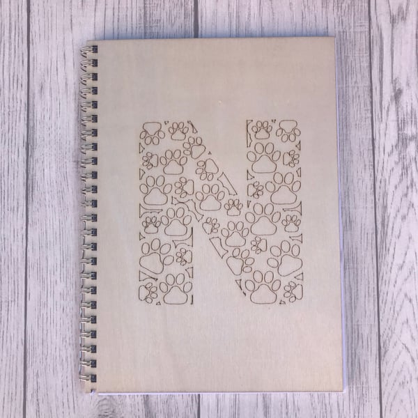 Paw print initial A5 wooden notebook
