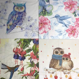 Pack of four mixed bird decoupage napkins