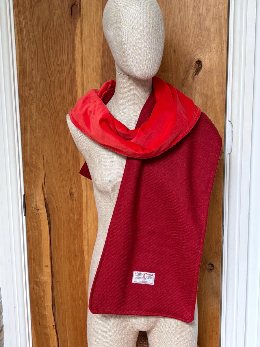 Plain Red Harris Tweed scarf Lined Red Velvet. 196cm length by 29 cm width
