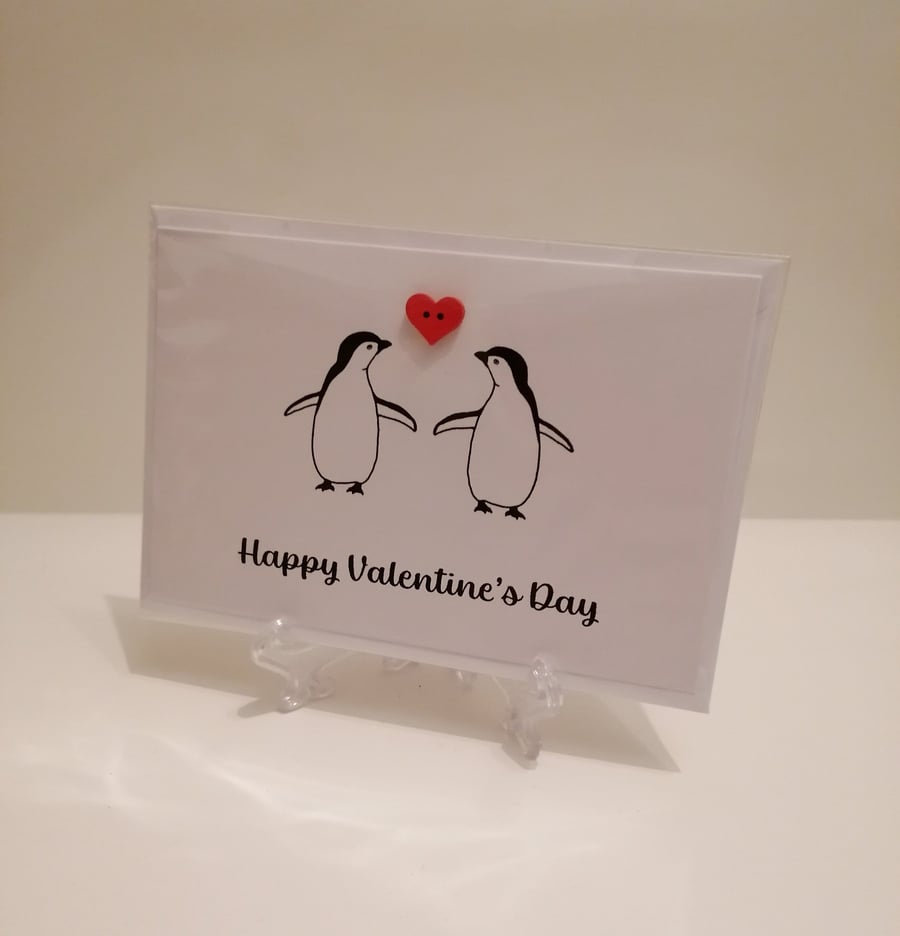 Happy Valentines Day button greetings card penguins