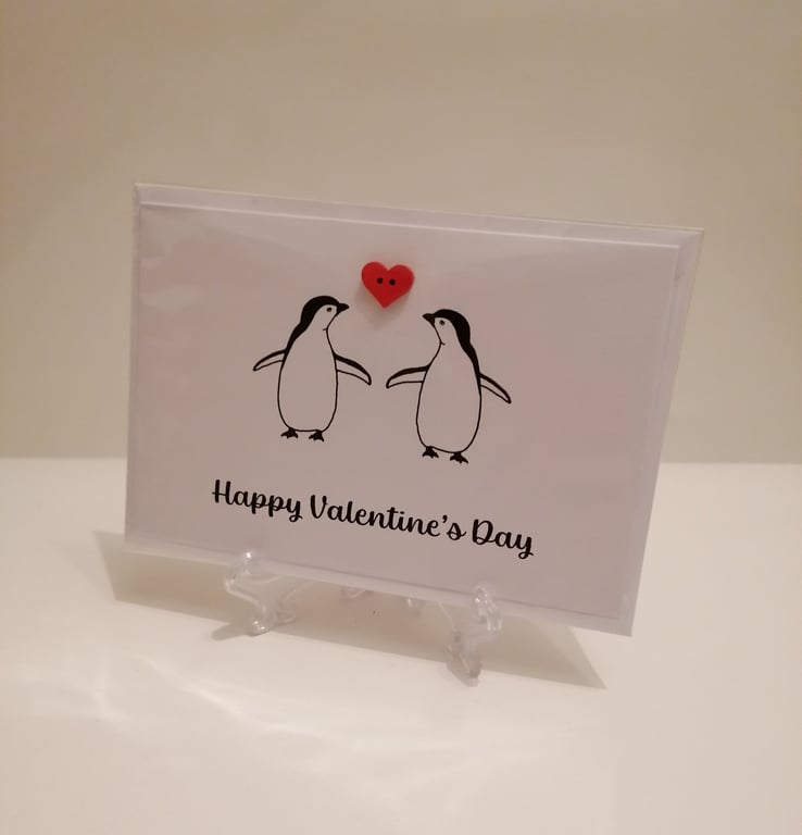 Happy Valentines Day button greetings card penguins