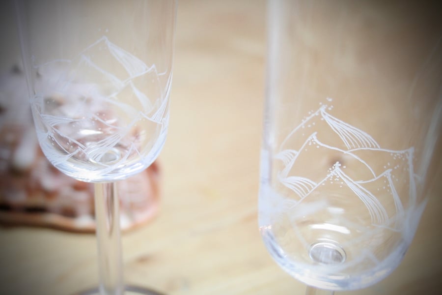 Pair of Ocean Wave Hand Engraved Champagne Flutes