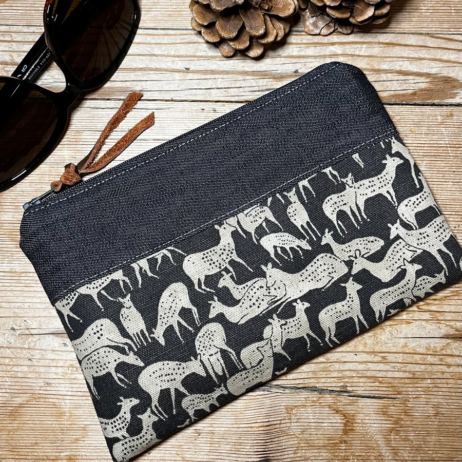 Deer print and denim zip pouch small bag purse