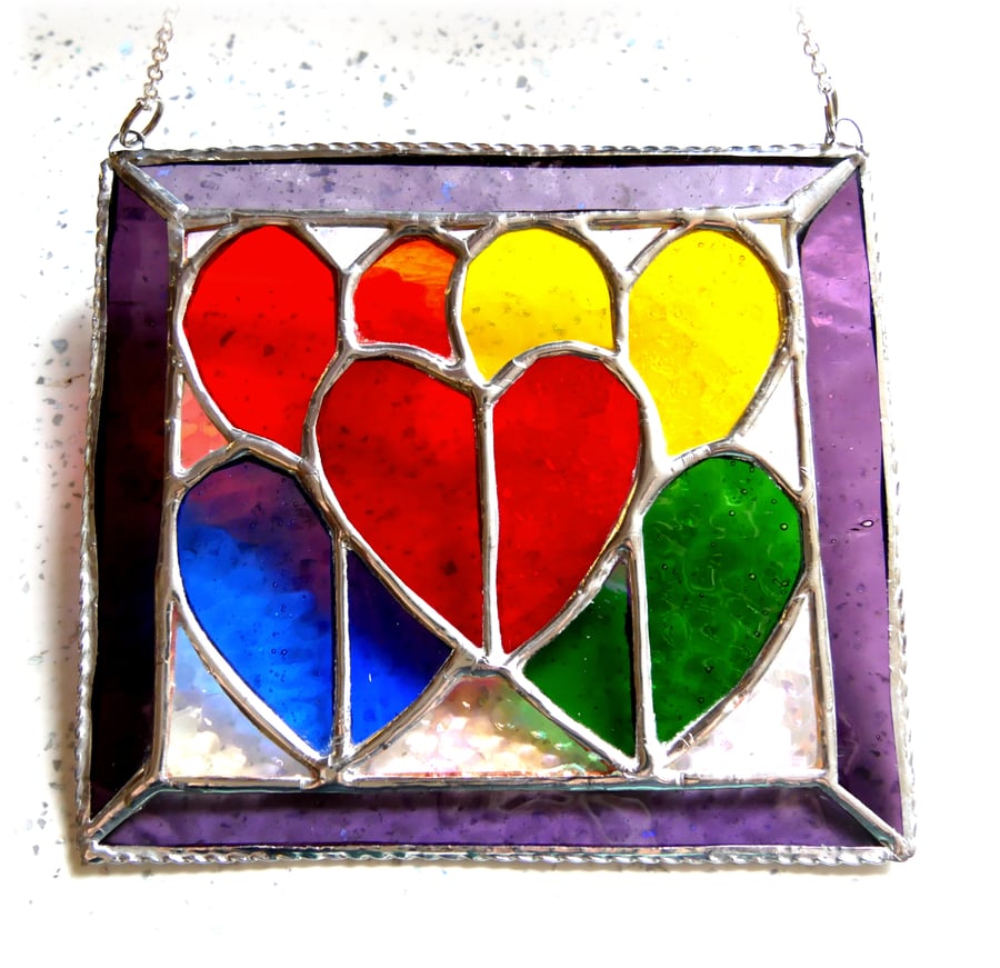 SOLD 251130 T Rainbow Hearts Picture Stained Glass Suncatcher 004