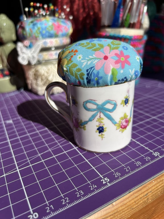 Vintage Upcycled Blue Ribbon Cup Pin Cushion