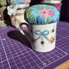 Vintage Upcycled Blue Ribbon Cup Pin Cushion