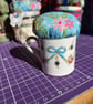 Vintage Upcycled Blue Ribbon Cup Pin Cushion - Staffordshire Bone China - Image 6