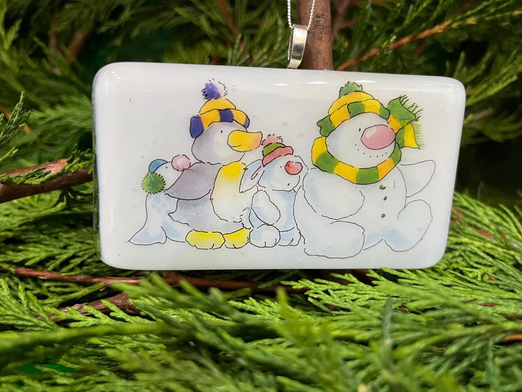 Unique Handcrafted Christmas Card with Artisan Fused Glass Snowman Tree Decorati