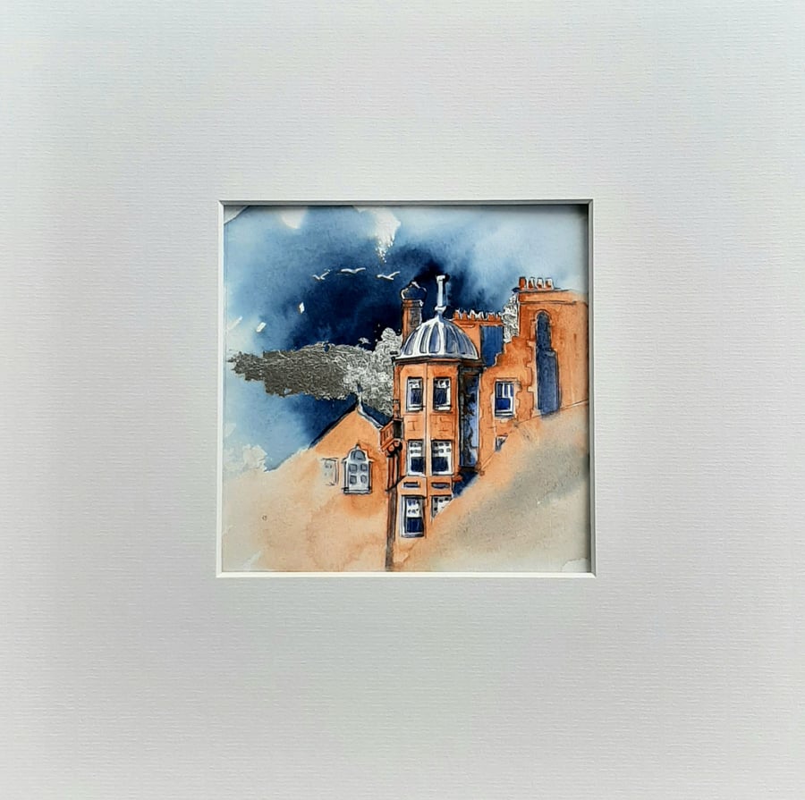 Original Watercolour with Silver Leaf. Architecture.Tower. Frame Ready. Freepost