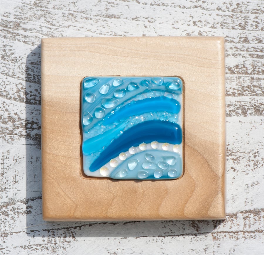 Fused Glass Picture with Bands of Teal and Turquoise 