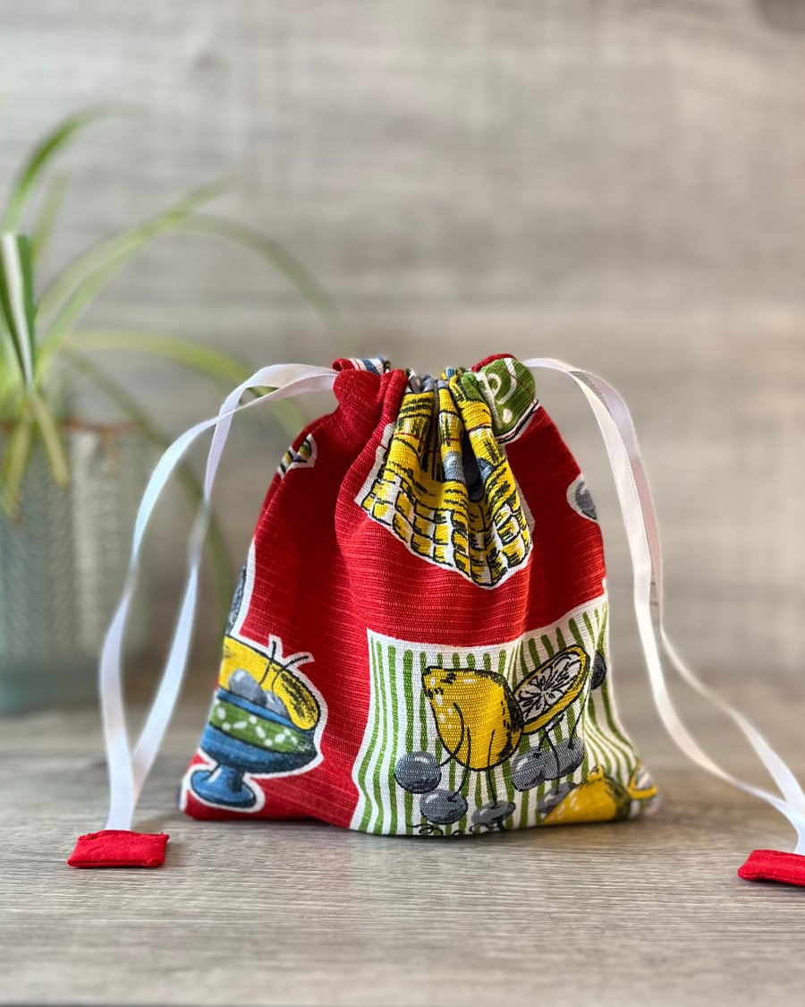 Red Drawstring Bag Vintage 1960s Kitchenalia Fabric 