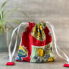 Red Drawstring Bag Vintage 1960s Kitchenalia Fabric 