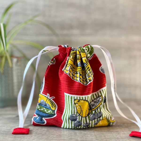 Red Drawstring Bag Vintage 1960s Kitchenalia Fabric 