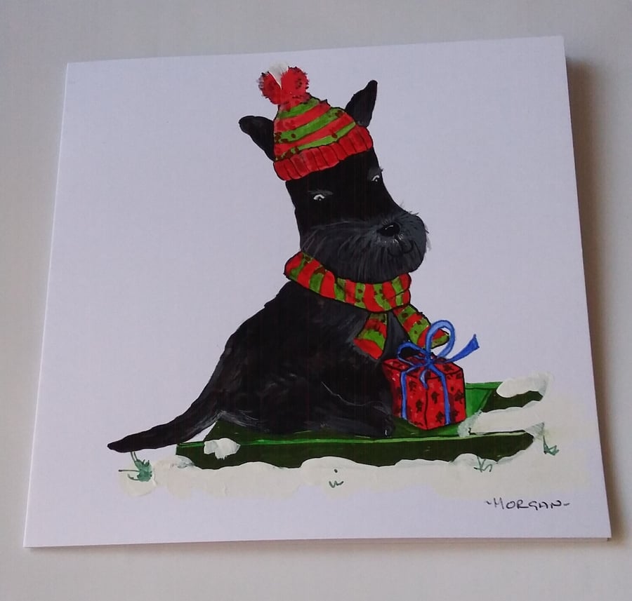 HAND PAINTED WATER COLOUR  CHRISTMAS CARD  OF  SCOTTIE DOG