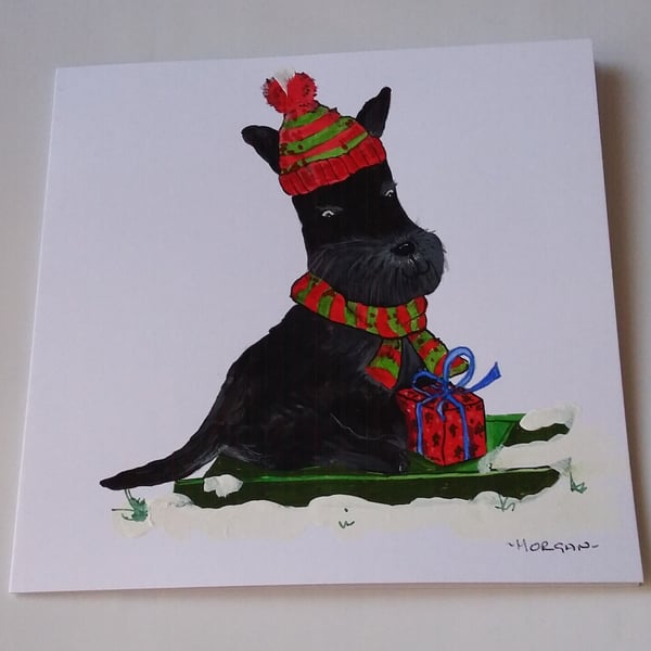 HAND PAINTED WATER COLOUR  CHRISTMAS CARD  OF  SCOTTIE DOG