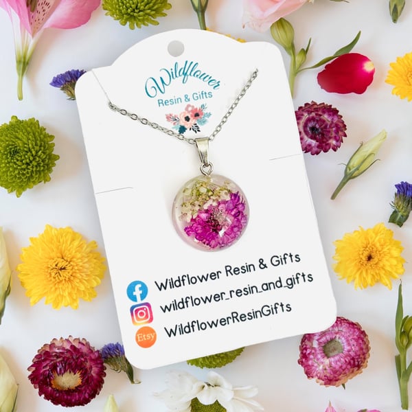 Purple flower pendant, real flower necklace, real flower jewellery