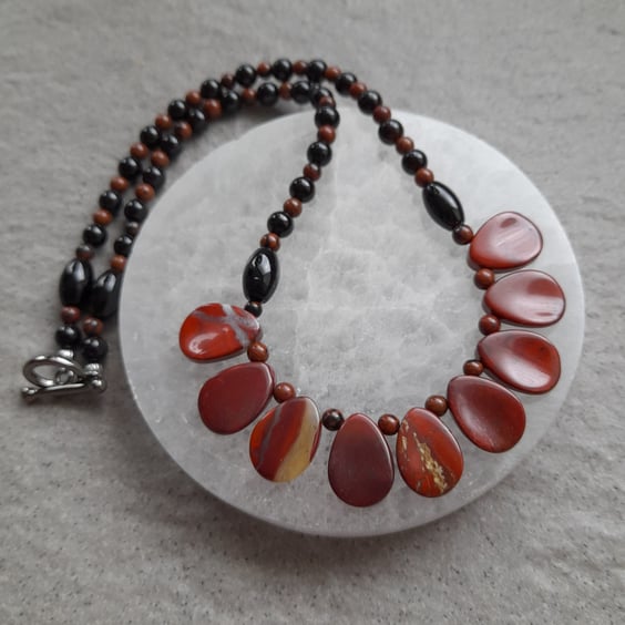 Red Jasper Mahogany Obsidian and Black Agate Necklace