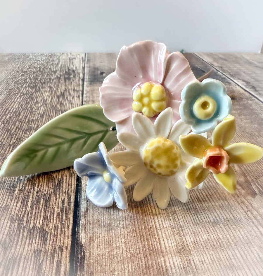Handmade ceramic porcelain flower bunch, posey 