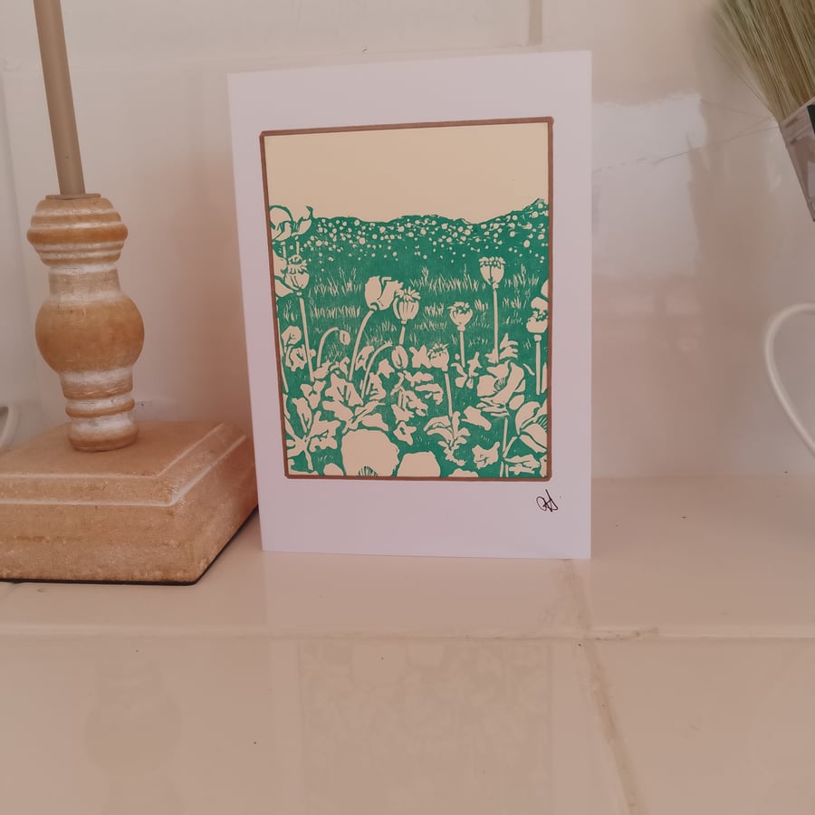 Poppies linoprint card pack of 2 blank cards 