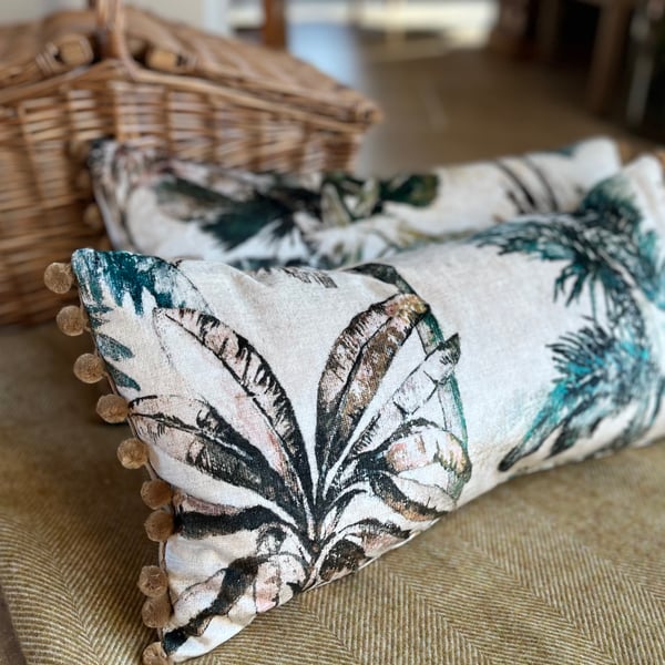 Reserved for Katherine - Palm tree velvet cushion cover rectangle with pompoms