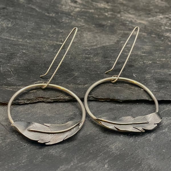 Handmade, Recycled Sterling Silver Oxidised Earrings- Feather Circle Earrings 