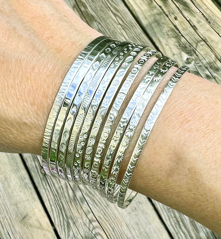 Eco Silver Stacking Bangle, Sterling Silver Patterned Bracelet, Bridesmaid Gift