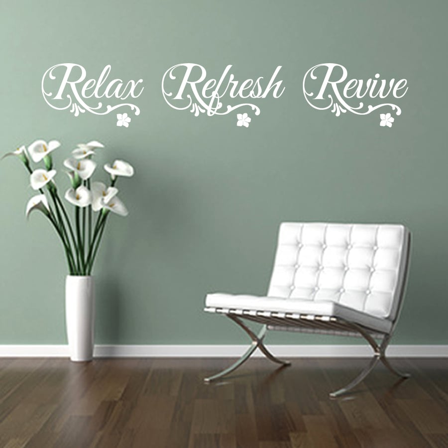 RELAX REFRESH REVIVE 86cm WHITE flowers swirls wall art sticker decal salon spa