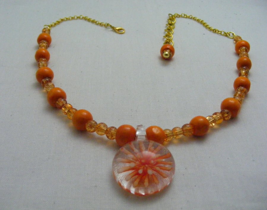Orange Glass and Wood Necklace