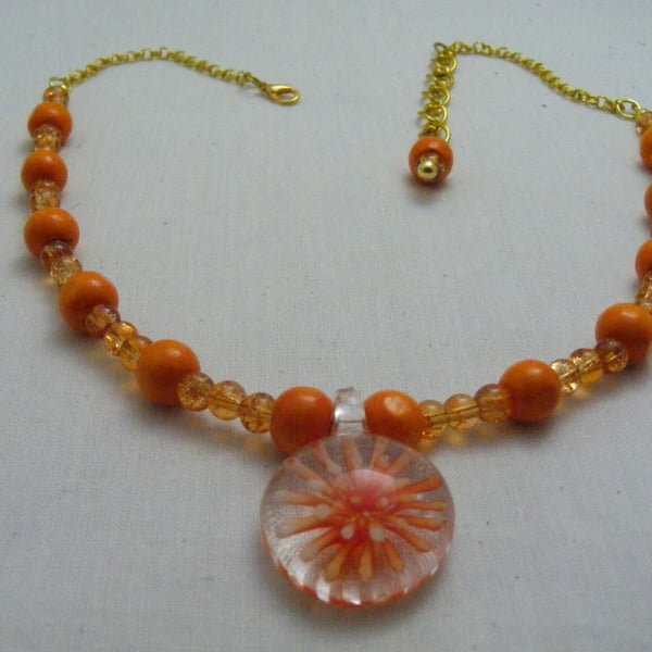 Orange Glass and Wood Necklace