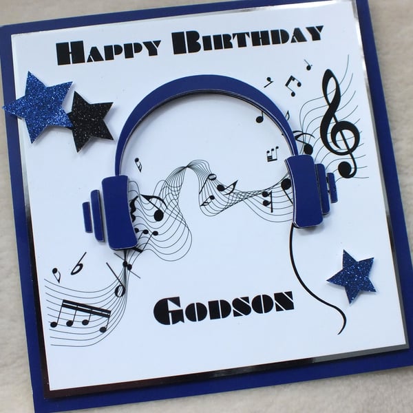 Handmade Godson 3D Music Headphones Birthday Card