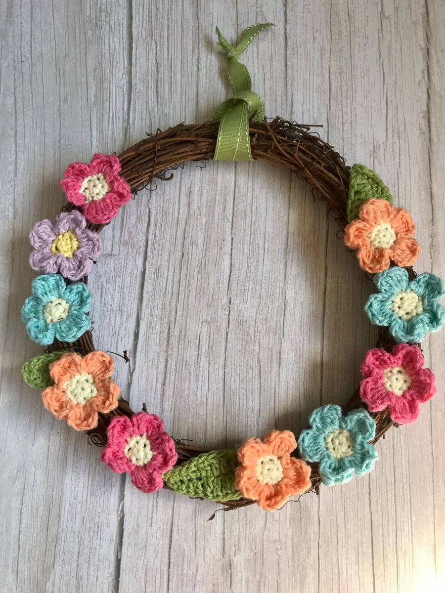 Flower Wreath Spring Summer Decor Handmade Crochet