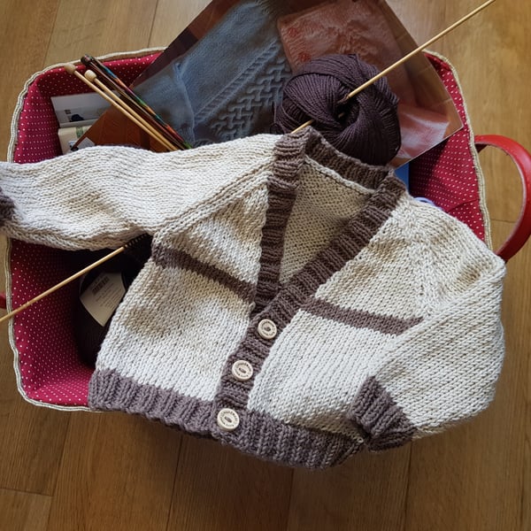 Hand Knitted Cream and Chocolate Brown Cotton Baby Cardigan 6-12 months