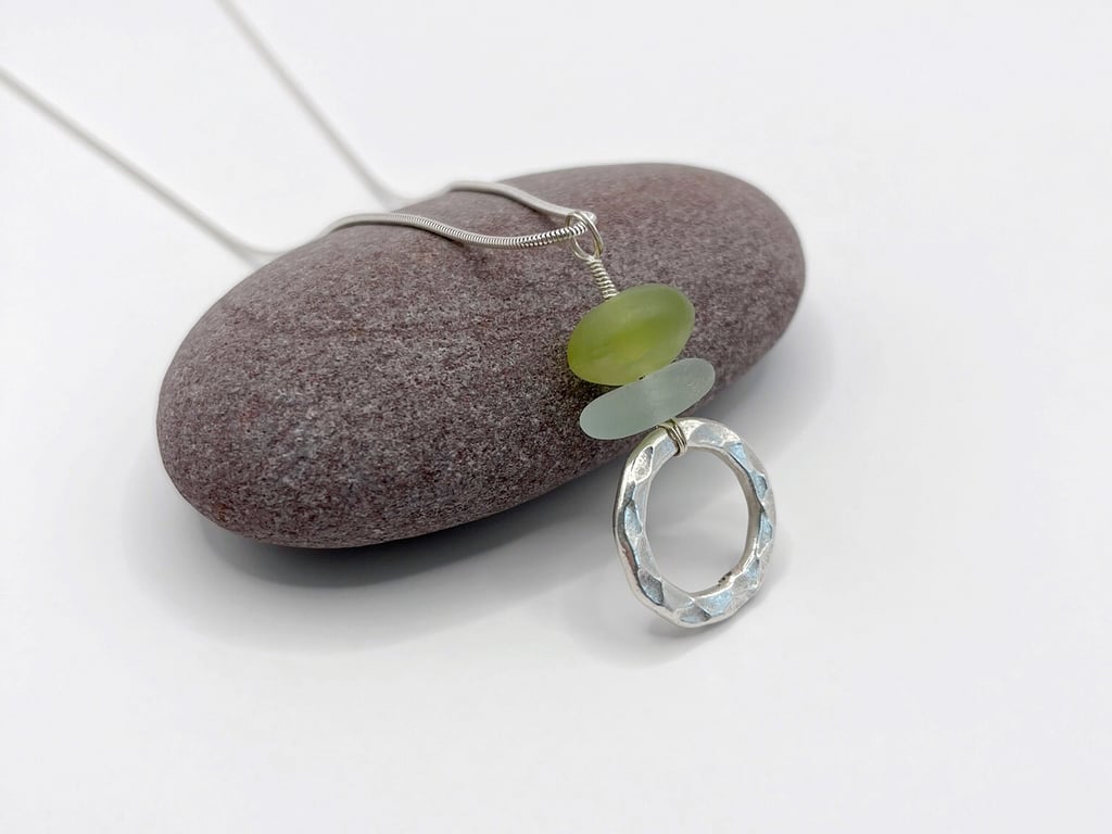 Cornish Sea Glass Pendant with Jade and Hammered Silver Circle - Sea Foam