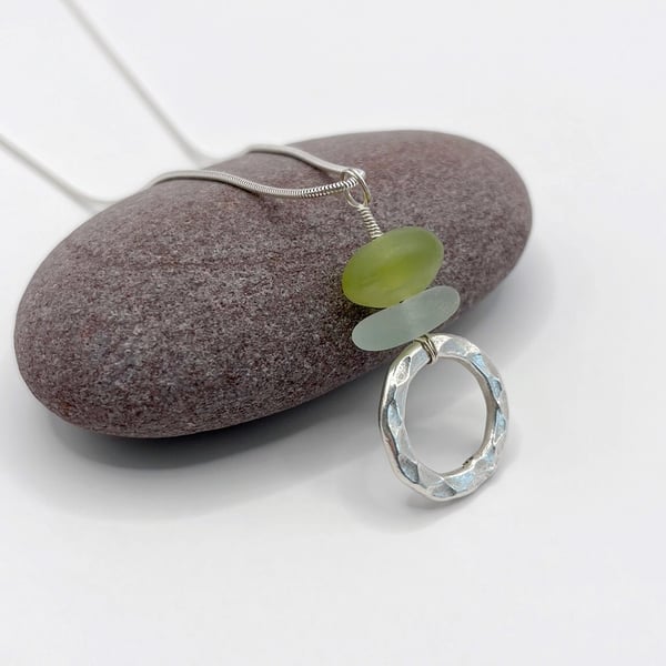 Cornish Sea Glass Pendant with Jade and Hammered Silver Circle - Sea Foam