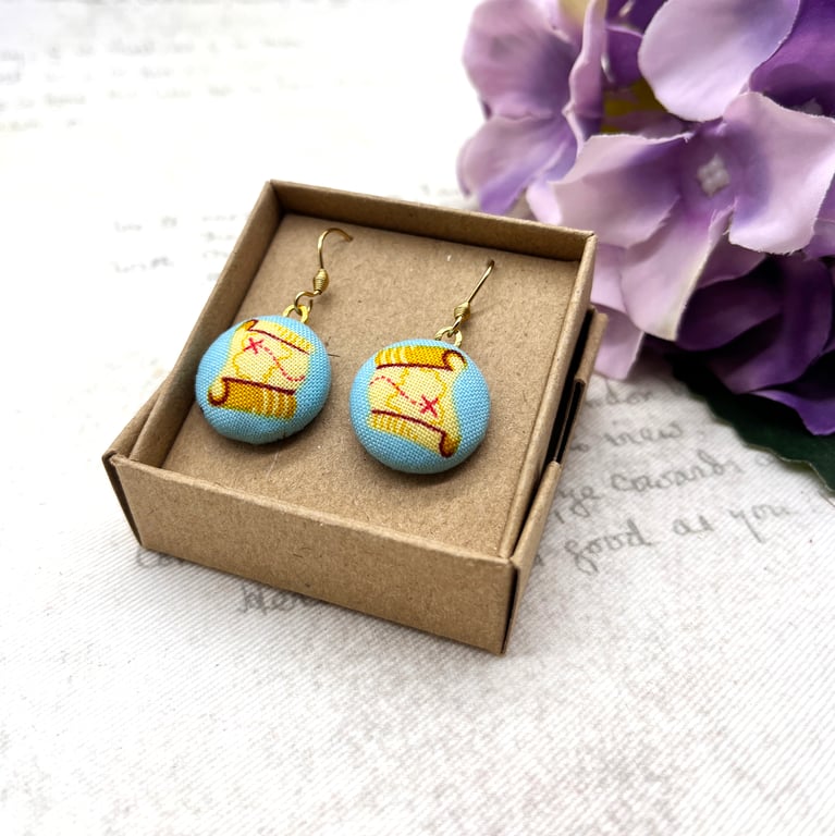 Perfectly Imperfect - Pirate treasure map fabric button dangle earings
