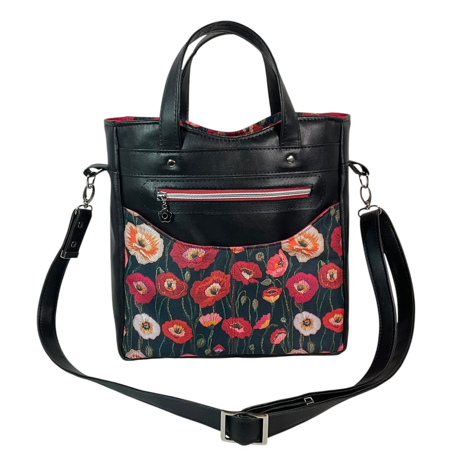 Handbag in faux leather and floral rose print, pink vegan crossbody, ladies gift