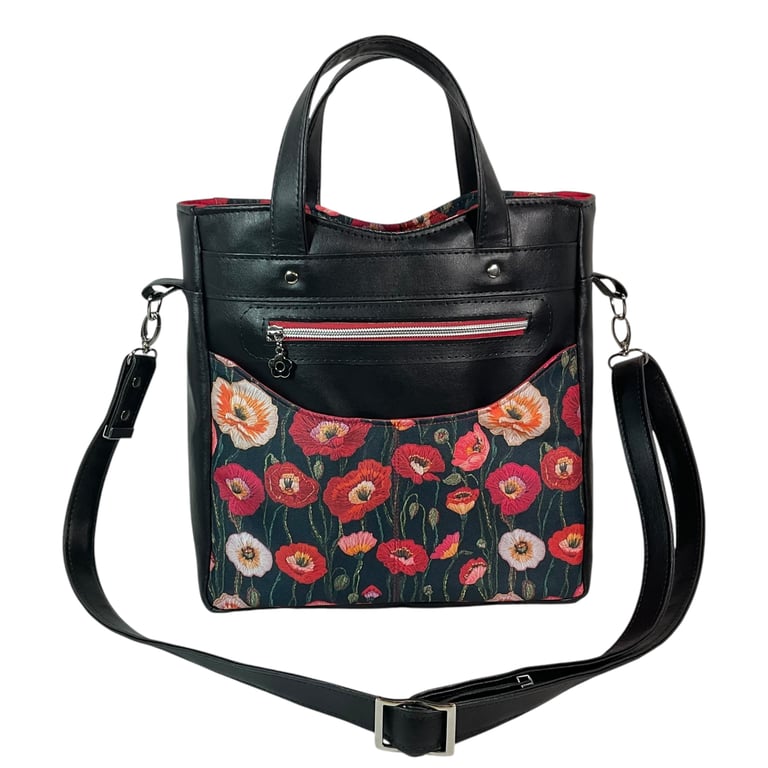 Handbag in faux leather and floral rose print, pink vegan crossbody, ladies gift