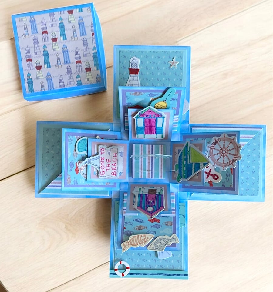 3D Box Beach Huts & Boats Pop Exploding Box. Beach Theme Pop -Up Card.