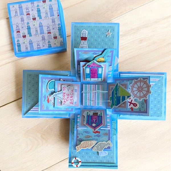3D Box Beach Huts & Boats Pop Exploding Box. Beach Theme Pop -Up Card.
