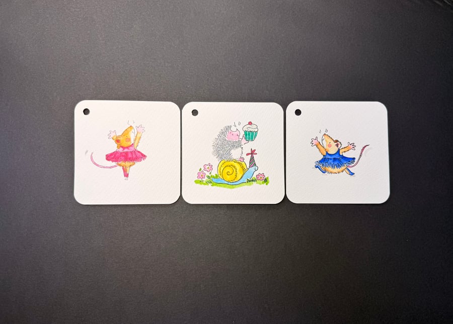 Hand watercoloured gift tags from Penny Black stamps - dancing mice and hedgehog