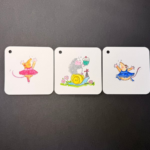 Hand watercoloured gift tags from Penny Black stamps - dancing mice and hedgehog