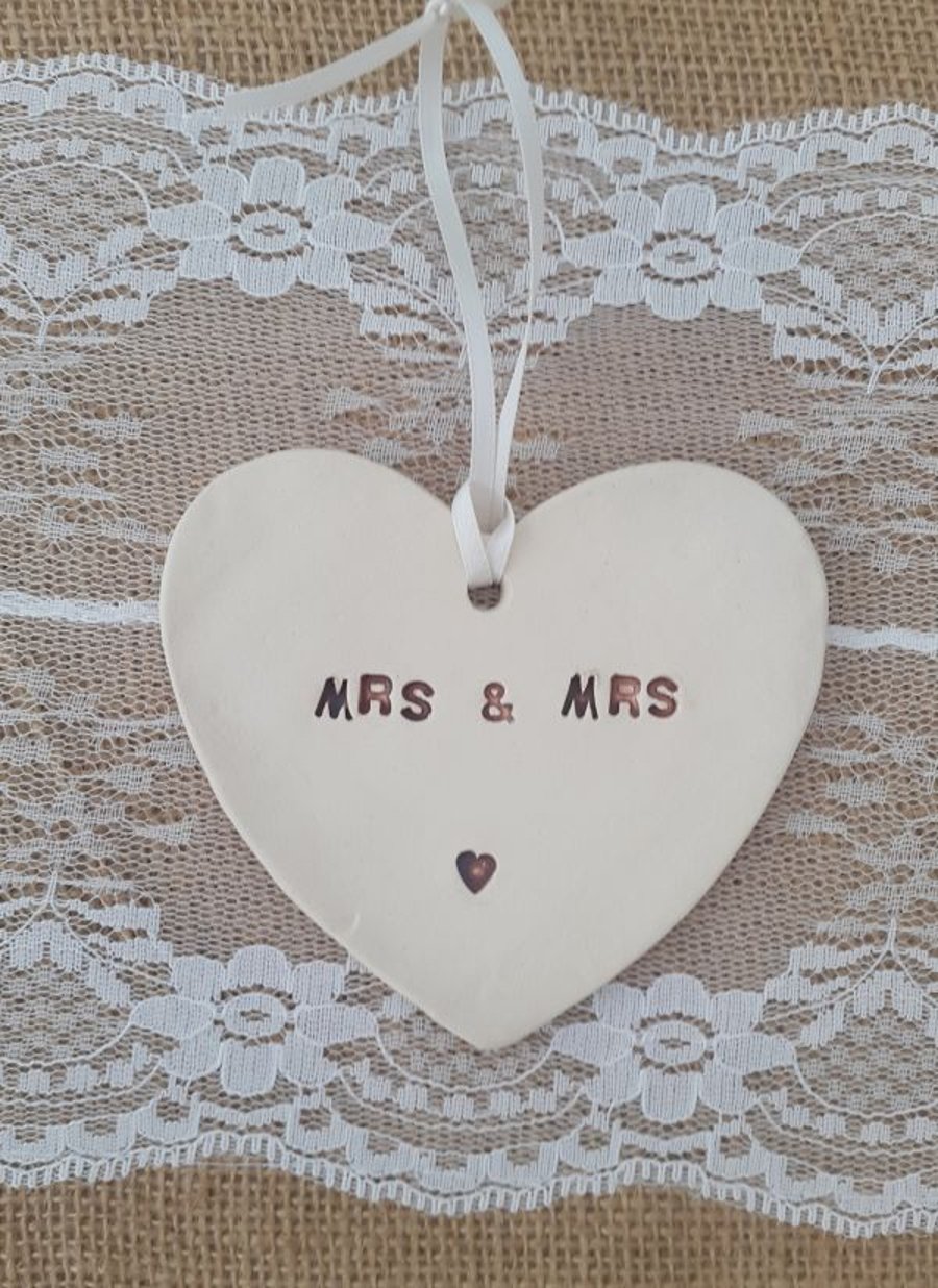 Mrs & Mrs Hanging Ceramic Heart Decoration