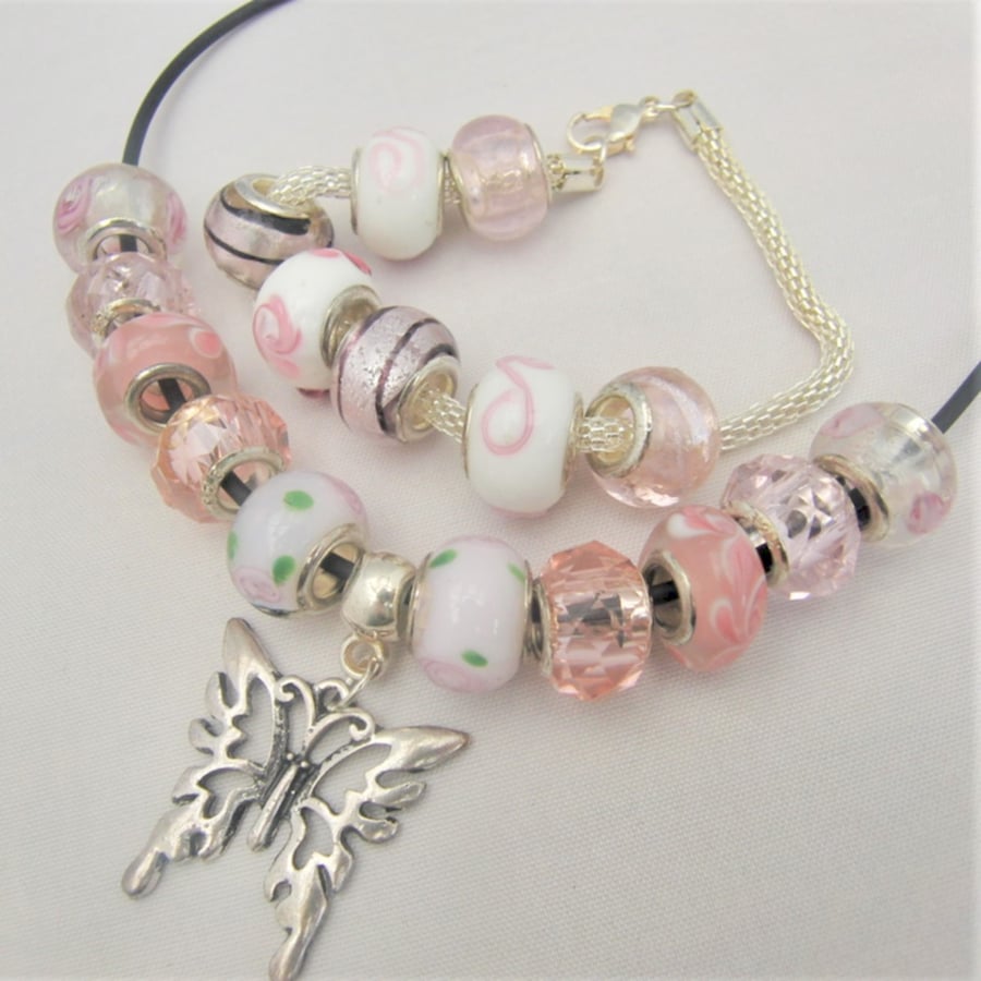 Pink & White Lampwork Bead Jewellery Set With Butterfly Charm, Gift for Her