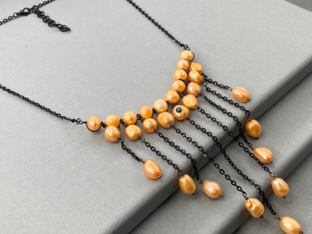 Peach Cultured Pearl Cascading Waterfall Black Chain Necklace with Swarovski 