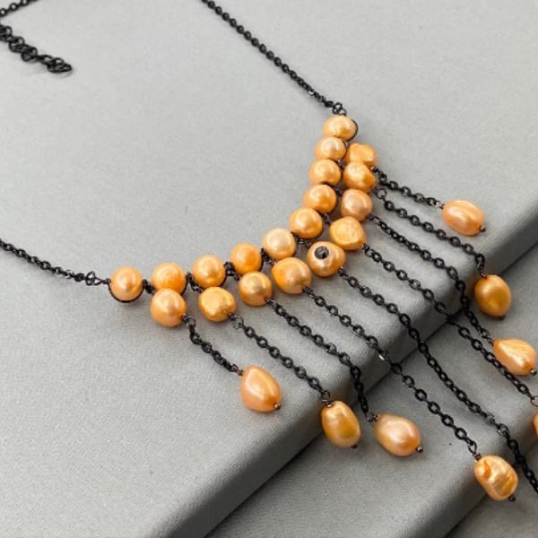 Peach Cultured Pearl Cascading Waterfall Black Chain Necklace with Swarovski 