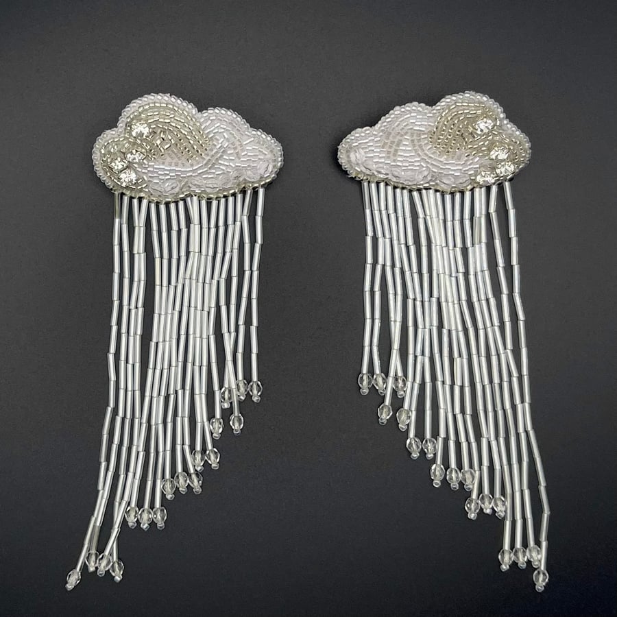 Unique design bead embroidered “Rainy clouds” earrings, studs fitting 