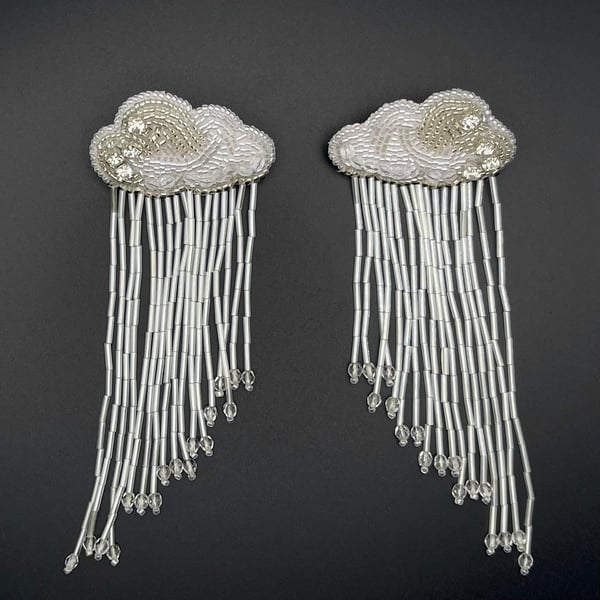 Unique design bead embroidered “Rainy clouds” earrings, studs fitting 